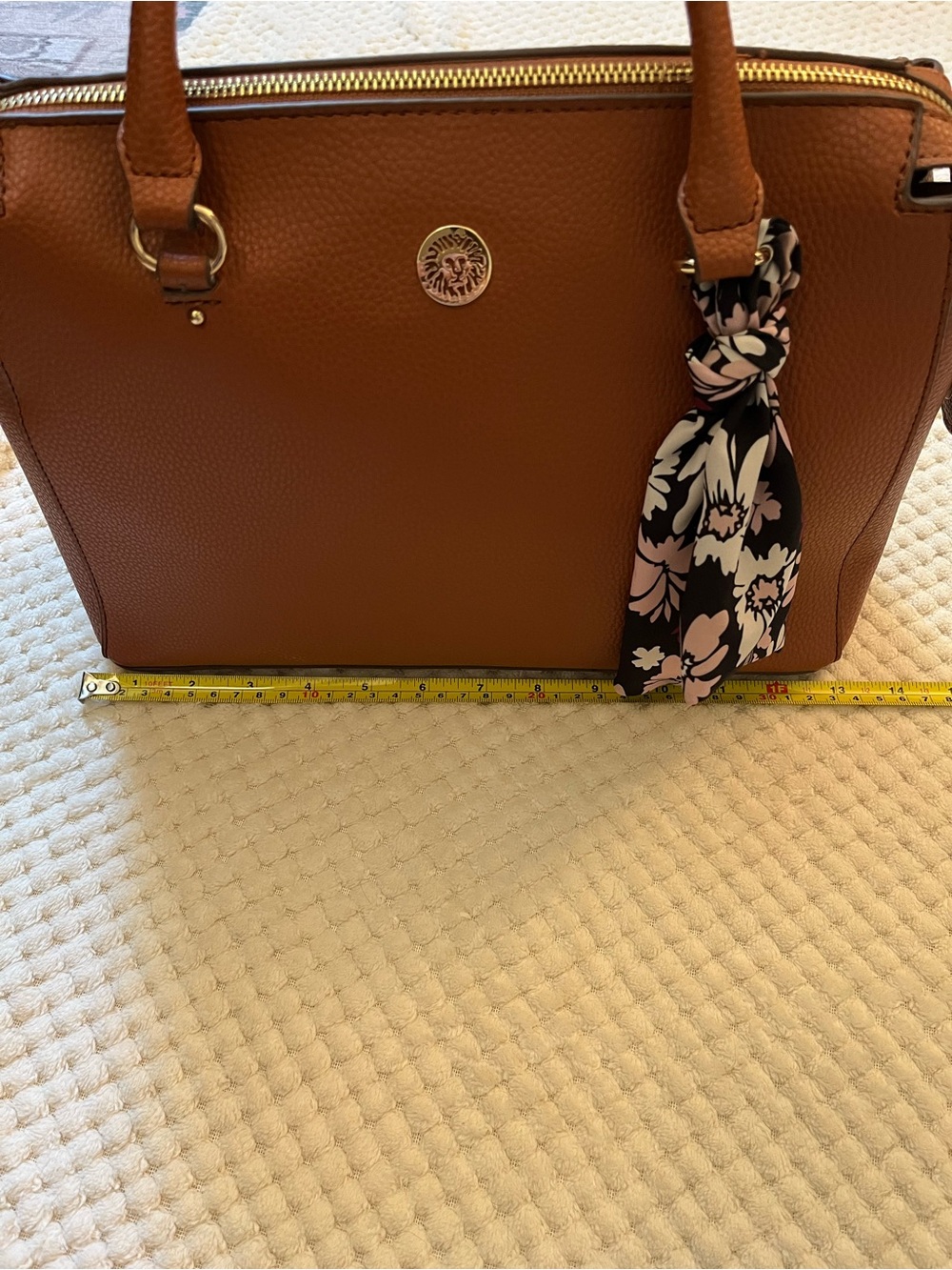 Anne Klein Cognac Pebbled Leather Purse with Floral Scarf and Cross Body Strap - Picture 5 of 7